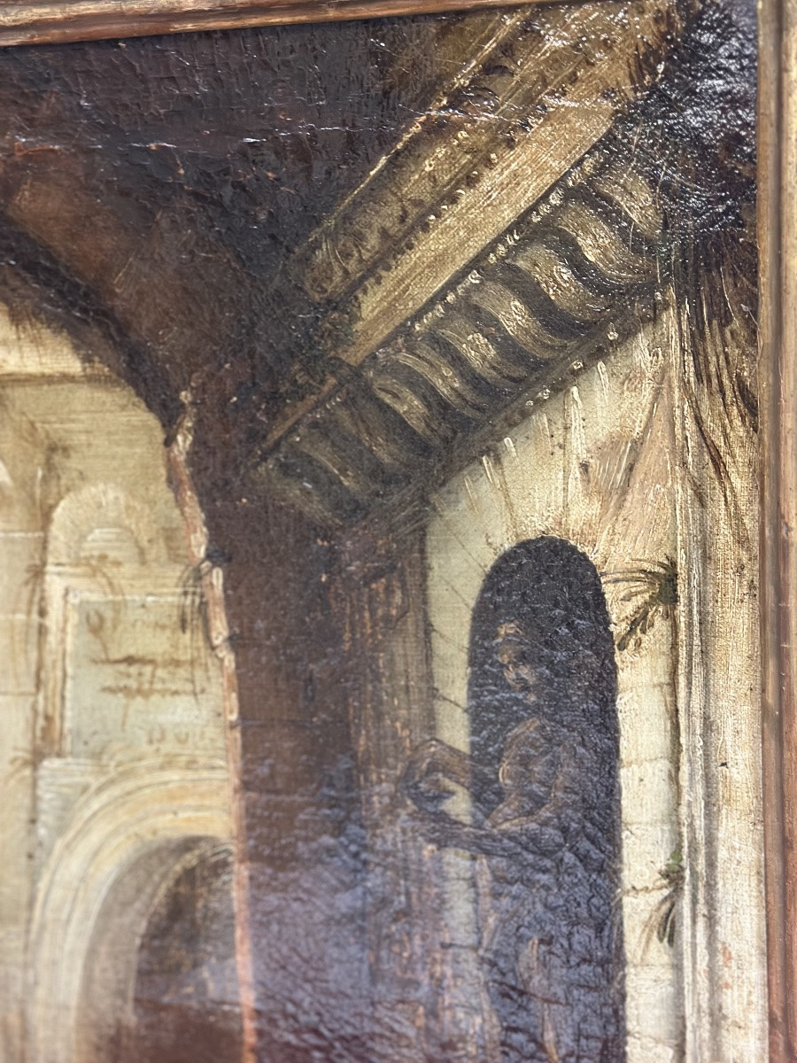 18th Century Italian Oil On Canvas Painting, Architectural Capriccio With Figures-photo-6