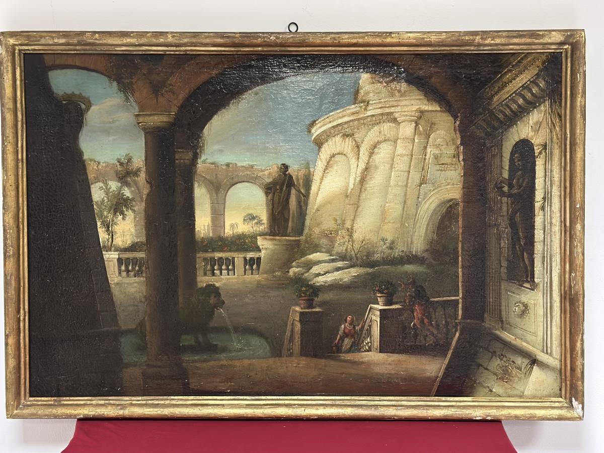18th Century Italian Oil On Canvas Painting, Architectural Capriccio With Figures-photo-7