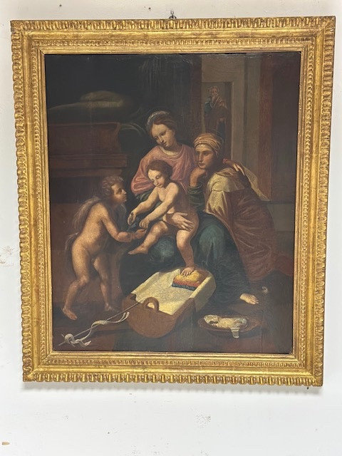 Huile sur panneau La Sainte Famille avec sainte Anne et l'Enfant saint Jean XVIe siècle 76 X 63-photo-2