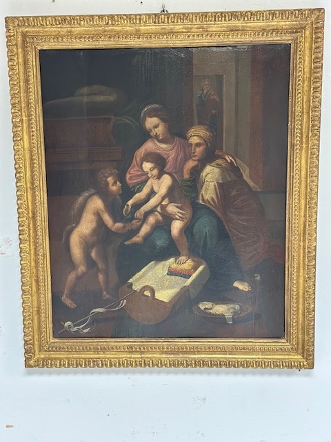 Huile sur panneau La Sainte Famille avec sainte Anne et l'Enfant saint Jean XVIe siècle 76 X 63-photo-2