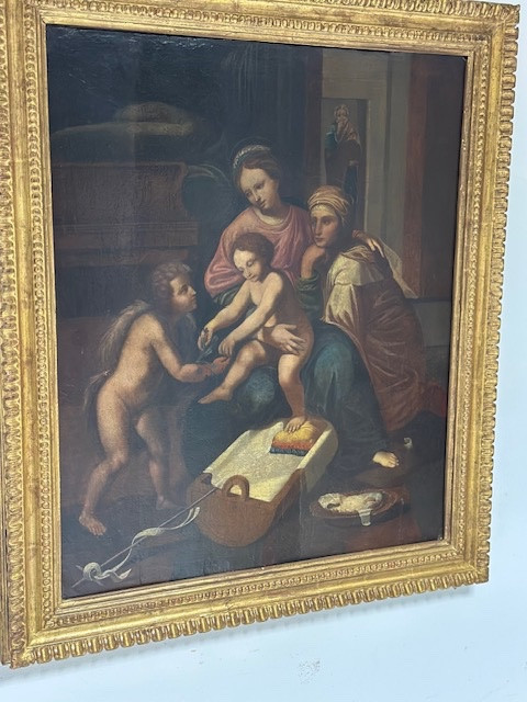 Huile sur panneau La Sainte Famille avec sainte Anne et l'Enfant saint Jean XVIe siècle 76 X 63-photo-4