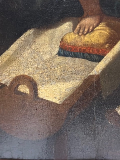 Huile sur panneau La Sainte Famille avec sainte Anne et l'Enfant saint Jean XVIe siècle 76 X 63-photo-5