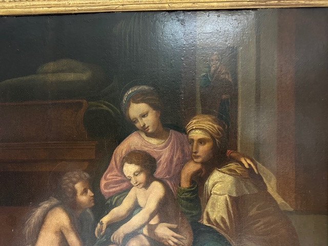 Huile sur panneau La Sainte Famille avec sainte Anne et l'Enfant saint Jean XVIe siècle 76 X 63-photo-6