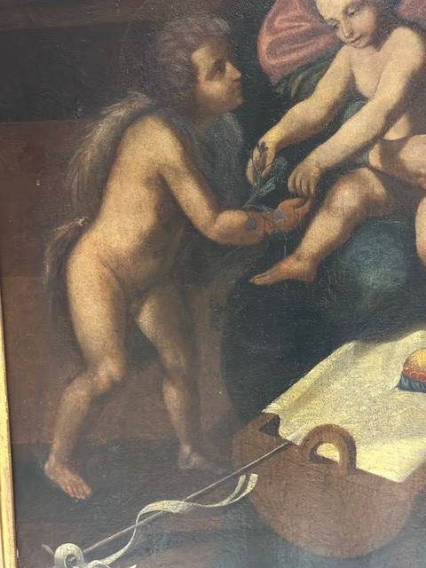 Huile sur panneau La Sainte Famille avec sainte Anne et l'Enfant saint Jean XVIe siècle 76 X 63-photo-7