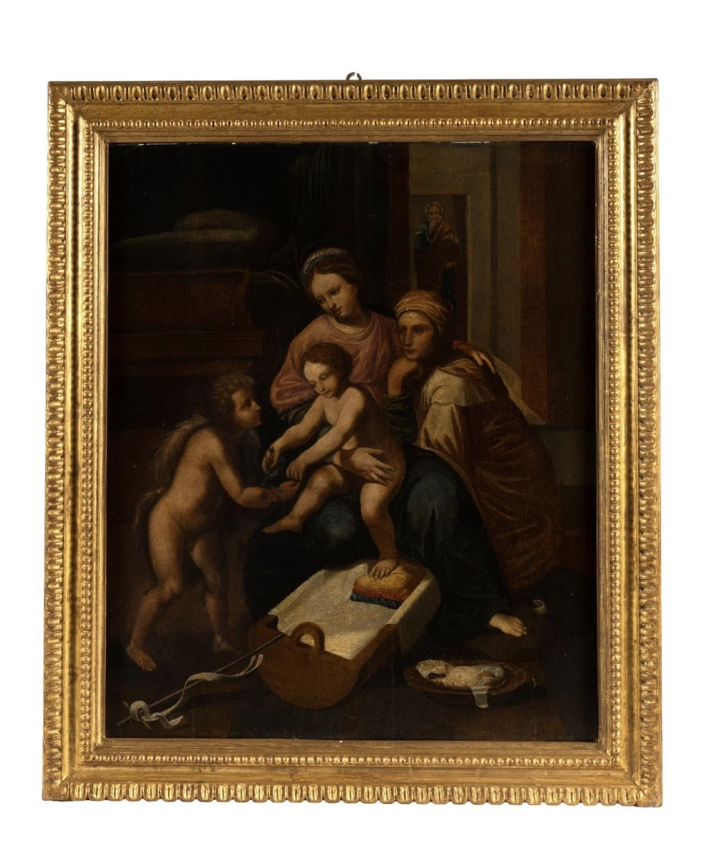 Huile sur panneau La Sainte Famille avec sainte Anne et l'Enfant saint Jean XVIe siècle 76 X 63