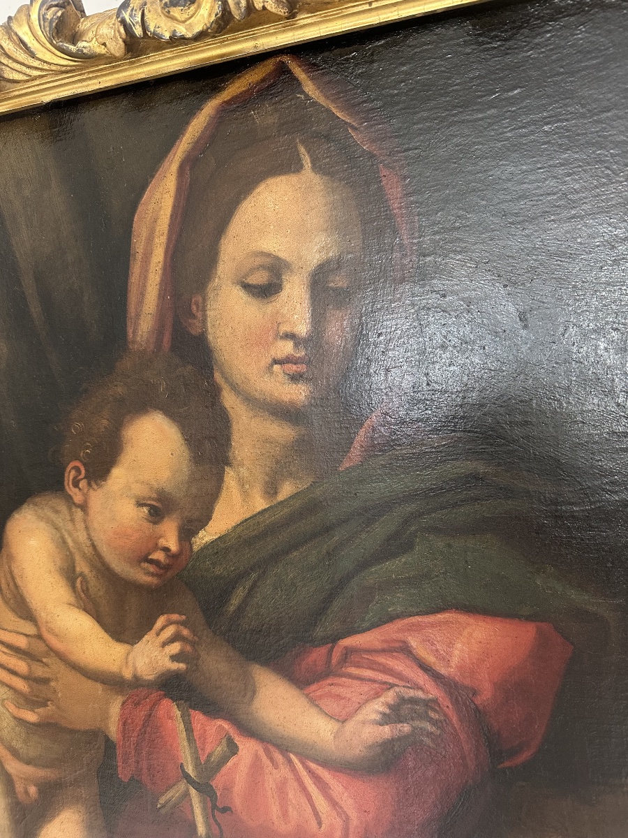 Oil On Canvas: *madonna And Child With The Infant Saint John*. A Copy By Andrea Del Sarto. 16th Century-photo-3