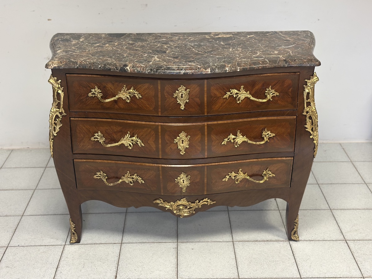 Commode galbée en bois de rose, ébène et bois violet, XIXe siècle, époque Napoléon III (restaur-photo-2