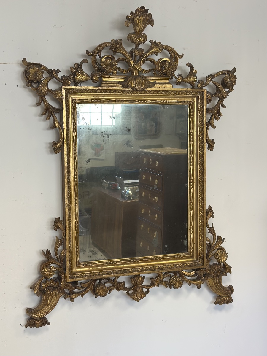 Louis XV-style Mirror In Carved And Gilded Wood. Mercury-coated Glass, Lombardy, Early 18th Century-photo-2