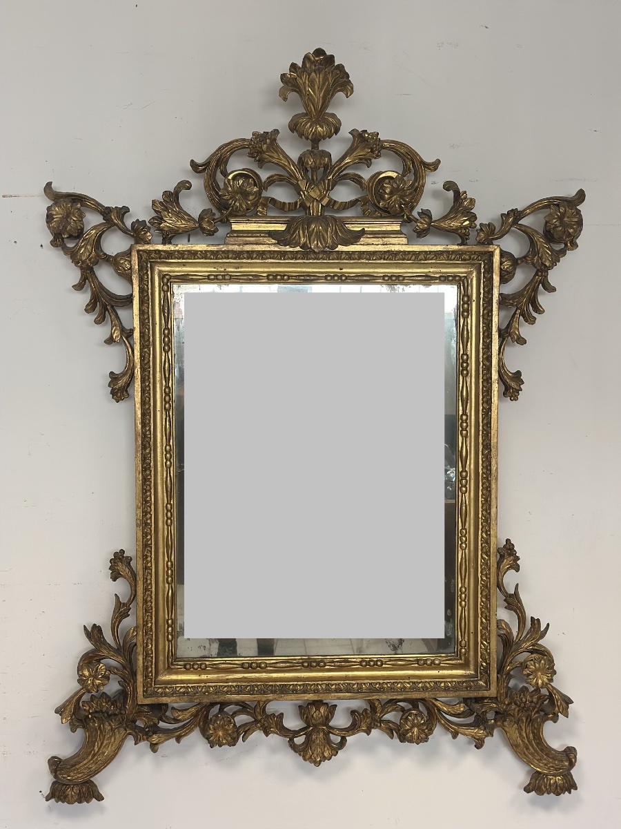 Louis XV-style Mirror In Carved And Gilded Wood. Mercury-coated Glass, Lombardy, Early 18th Century-photo-3