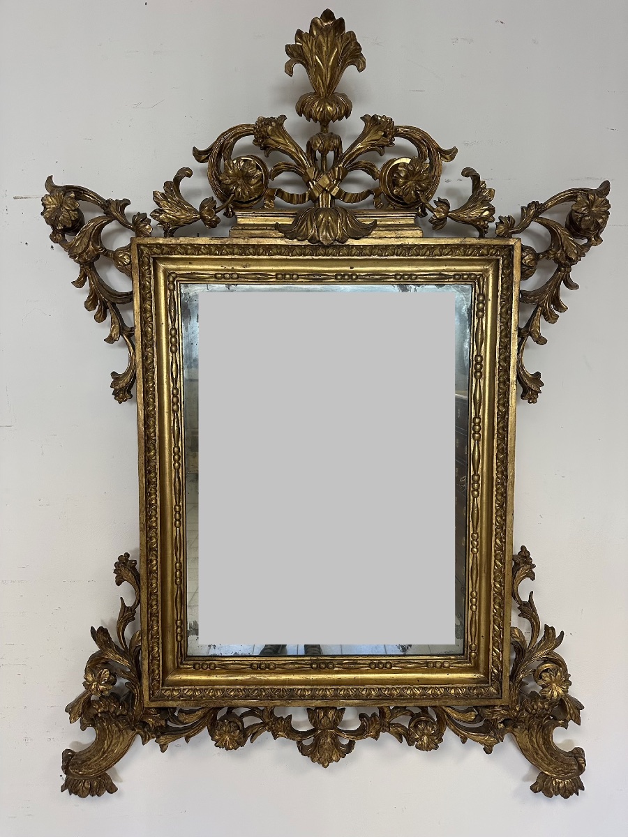 Louis XV-style Mirror In Carved And Gilded Wood. Mercury-coated Glass, Lombardy, Early 18th Century-photo-4
