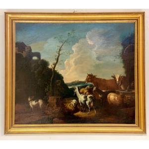 Oil Painting On Canvas. Landscape With Herds, Late 17th Century