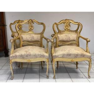 Group Of Four Lacquered And Gilded Lombard Armchairs. Nineteenth Century