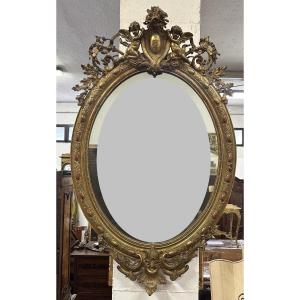 Lombard Oval Mirror In Carved Gilded Wood. Early 19th Century. 155 X 98