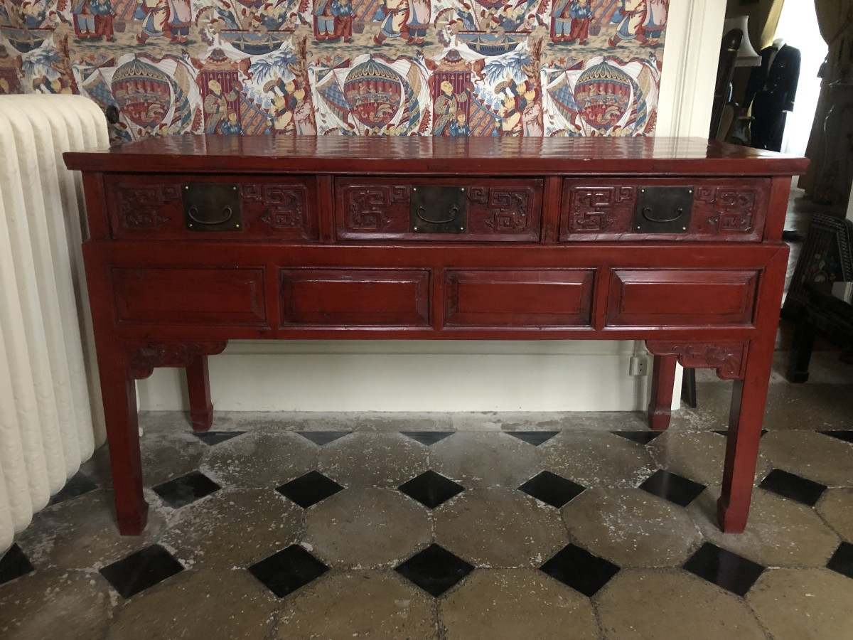 console chinoise laque rouge 19eme siecle-photo-1