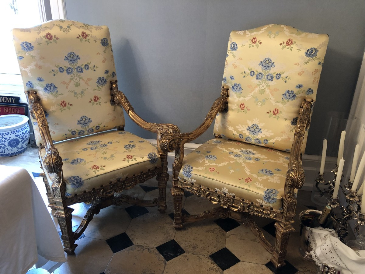Important Pair Of Gilded Louis XIV Style Armchairs-photo-2