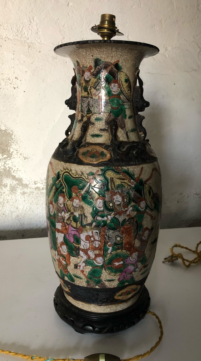 Pair Of Nanking Ceramic Baluster Vases Mounted As Lamps, 55cm-photo-1