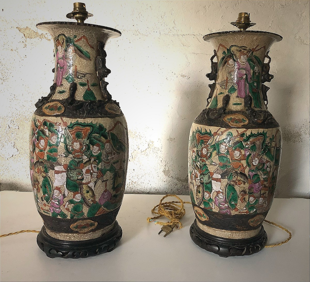 Pair Of Nanking Ceramic Baluster Vases Mounted As Lamps, 55cm