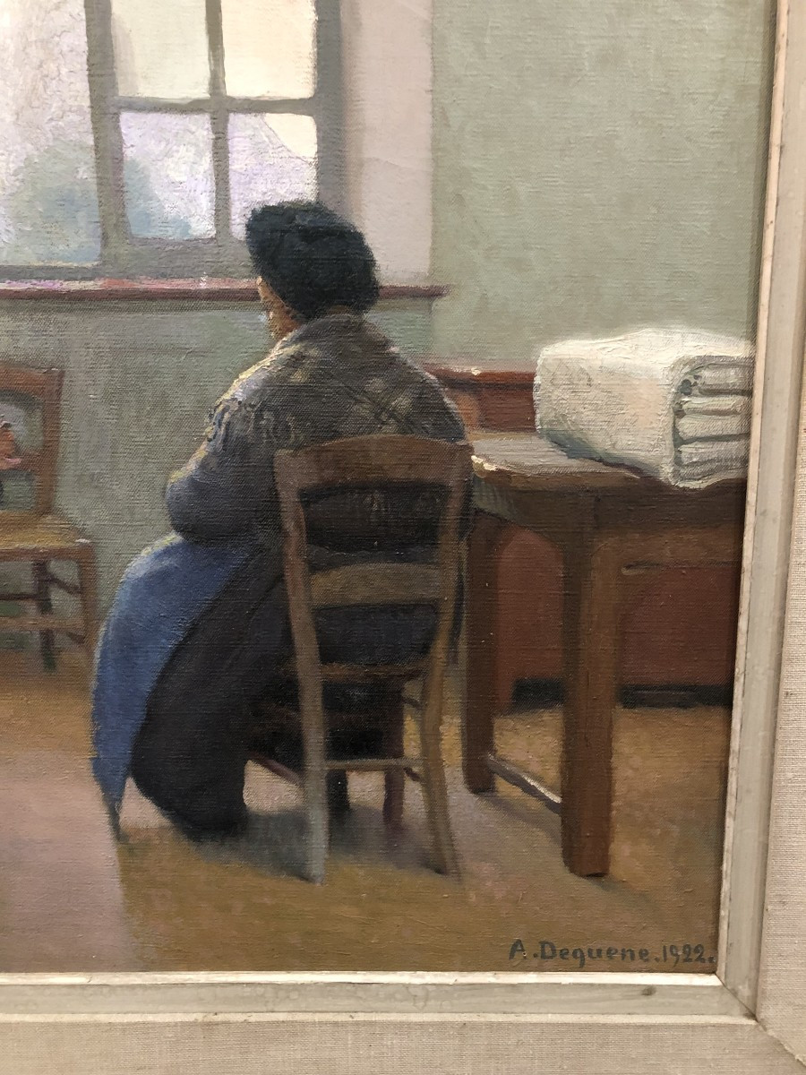  huile sur toile Albert Charles Dequene  1922  ( les fileuses)-photo-5