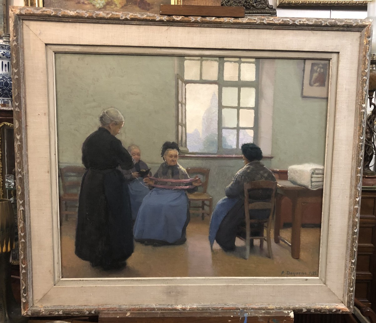  huile sur toile Albert Charles Dequene  1922  ( les fileuses)