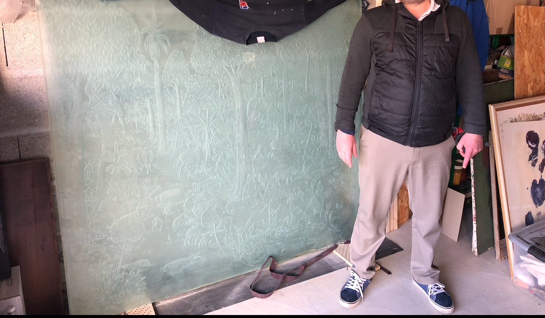 panneau de verre art déco  1930 "paradis terrestre" 170cm 150cm-photo-3