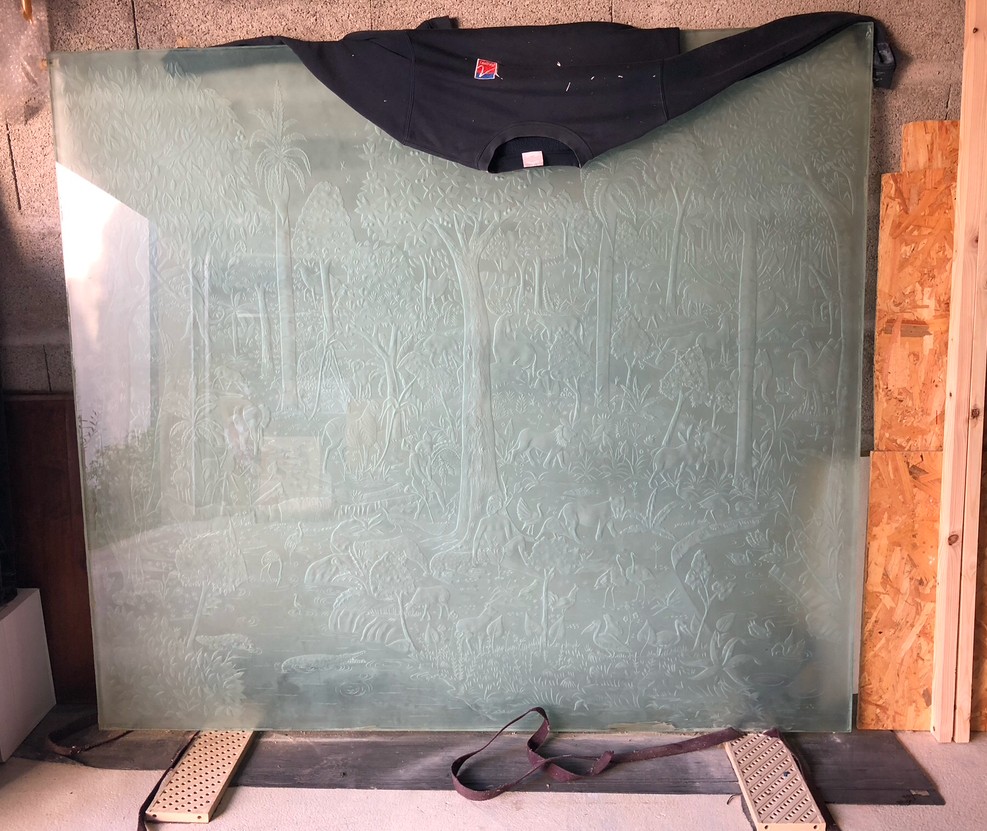 panneau de verre art déco  1930 "paradis terrestre" 170cm 150cm