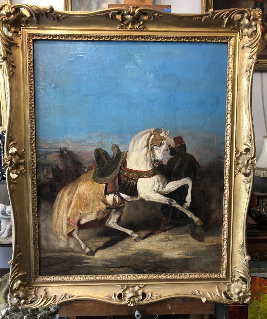 Huile sur toile Orientaliste fin 19eme siècle "cheval et maure"