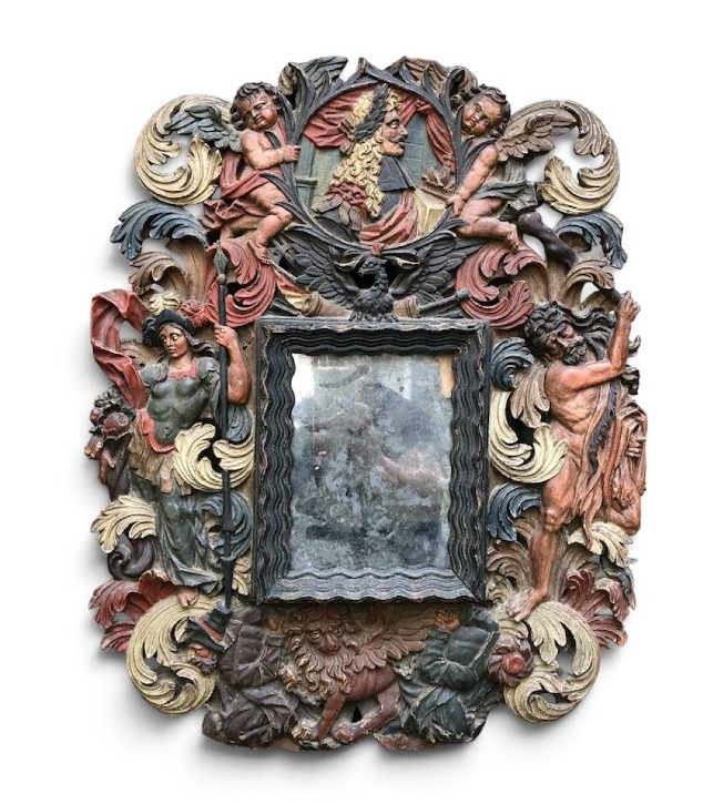 Rare Polychrome Mirror Frame From Nuremberg, Late 17th Century, Featuring A Profile Of King John Sobieski Of Poland-photo-2