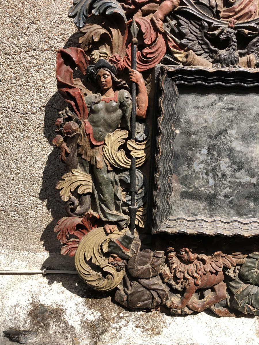 Rare Polychrome Mirror Frame From Nuremberg, Late 17th Century, Featuring A Profile Of King John Sobieski Of Poland-photo-2