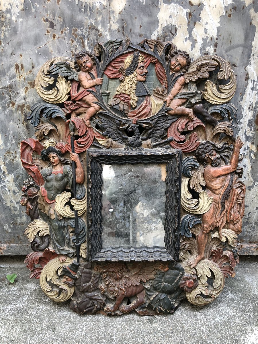 Rare Polychrome Mirror Frame From Nuremberg, Late 17th Century, Featuring A Profile Of King John Sobieski Of Poland-photo-4