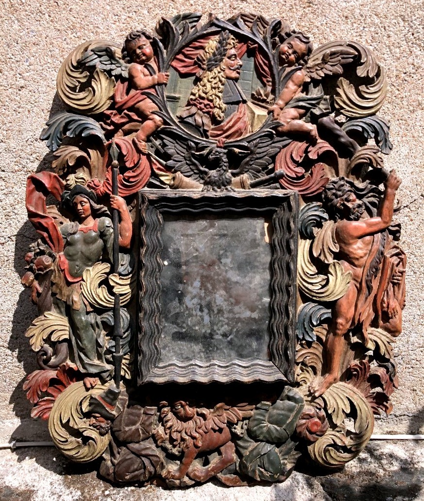 Rare Polychrome Mirror Frame From Nuremberg, Late 17th Century, Featuring A Profile Of King John Sobieski Of Poland