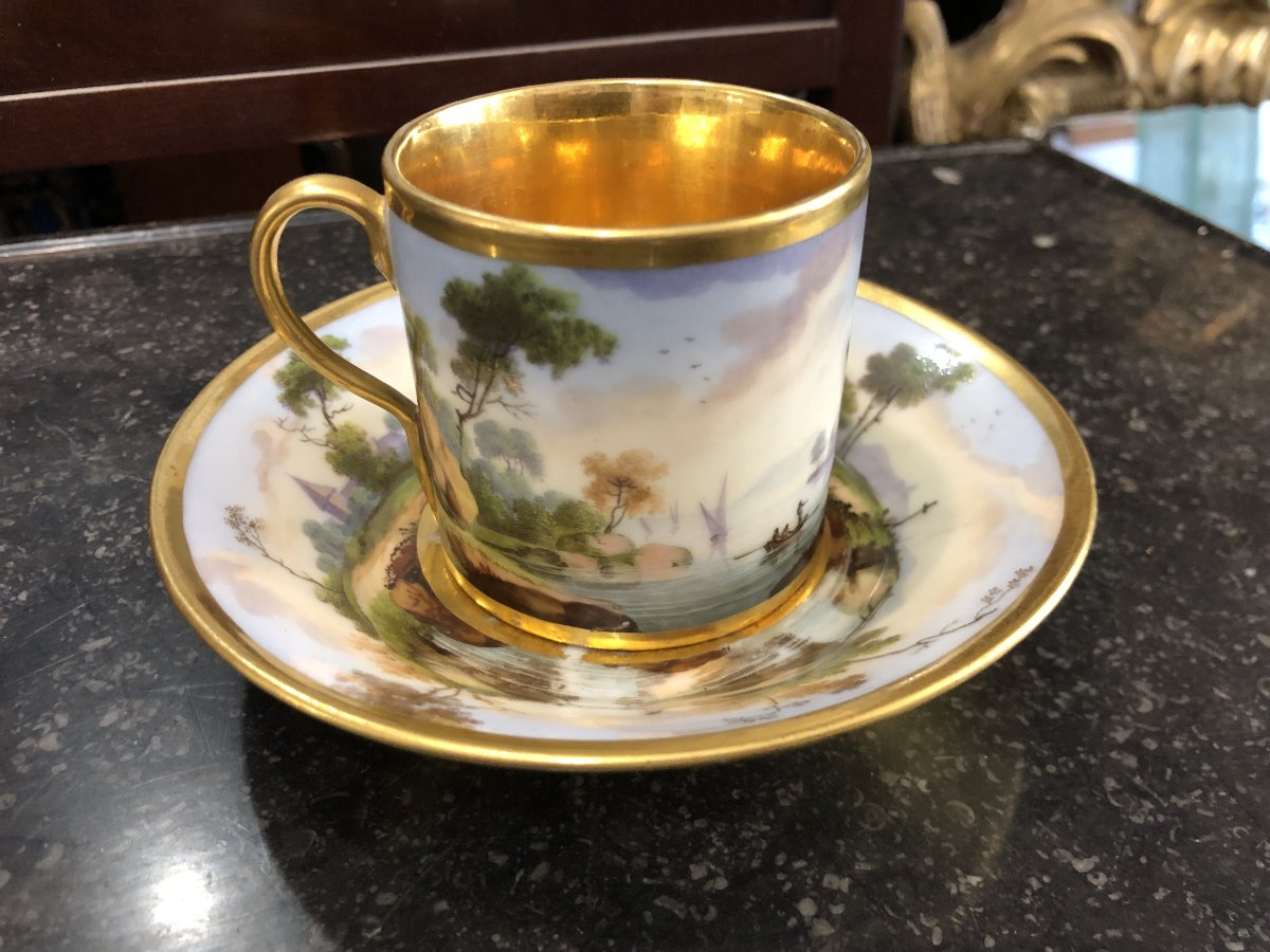 Tasse et sous tasse peintes porcelaine Paris 19è siècle-photo-2
