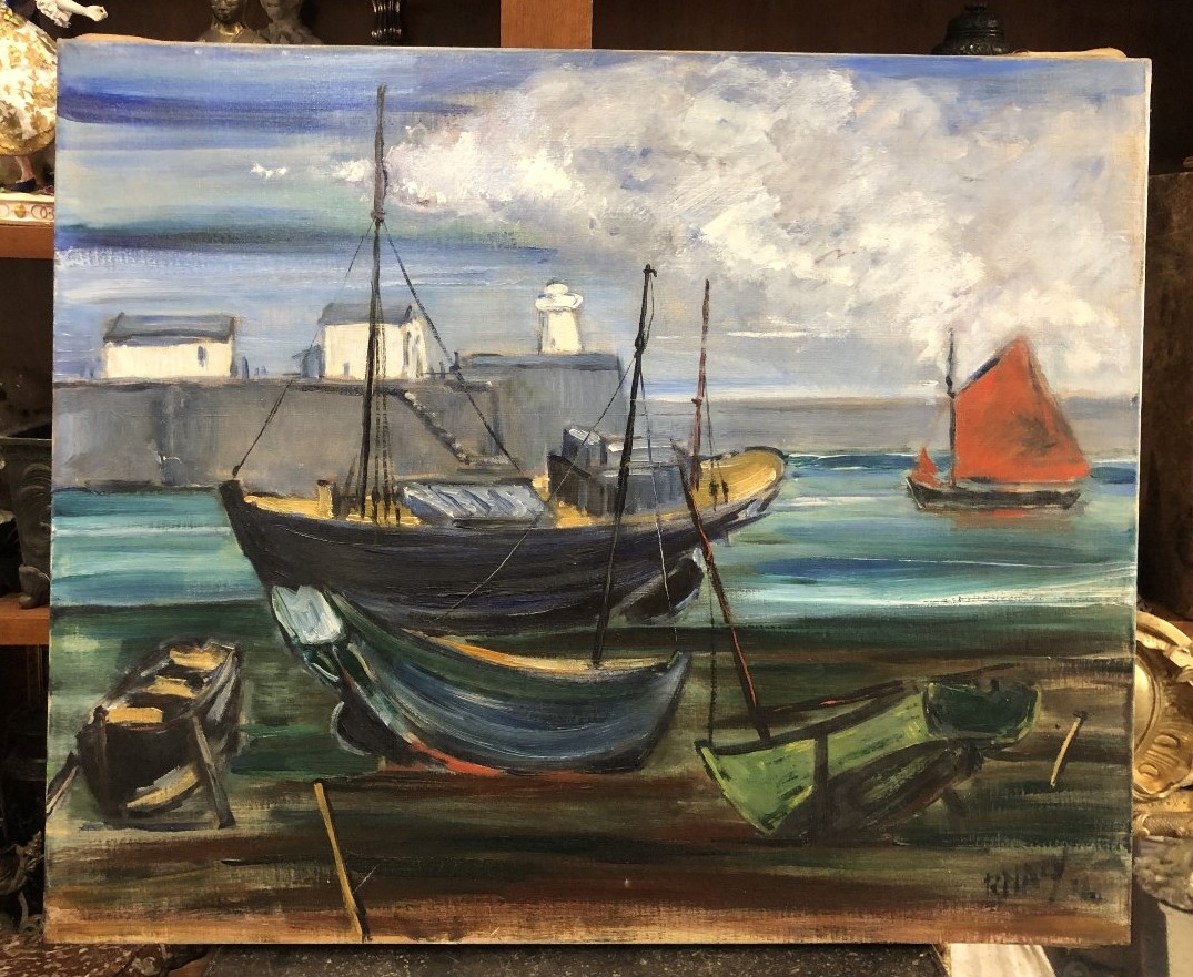 huile sur toile Robert Naly port de pêche  "Bretagne?" Anées 50-photo-2