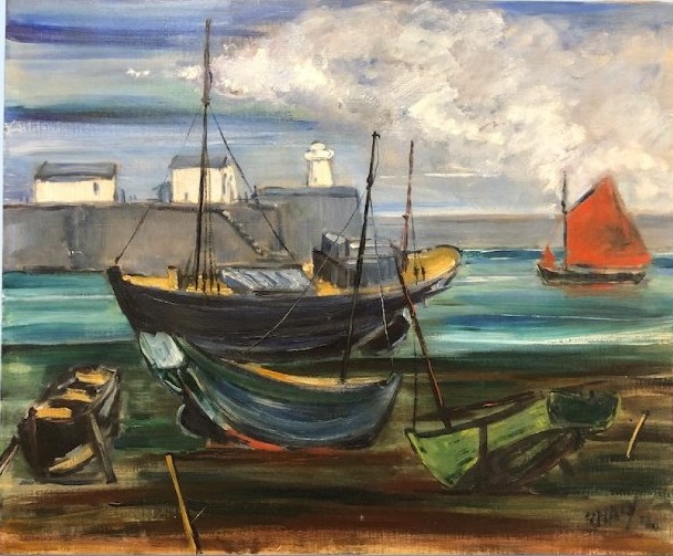 huile sur toile Robert Naly port de pêche  "Bretagne?" Anées 50