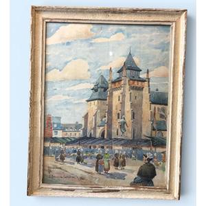 Aquarelle cathédrale de st Brieuc Bretagne années 30