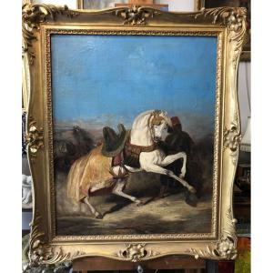 Huile sur toile Orientaliste fin 19eme siècle "cheval et maure"