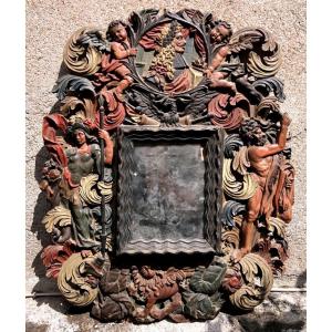 Rare Polychrome Mirror Frame From Nuremberg, Late 17th Century, Featuring A Profile Of King John Sobieski Of Poland
