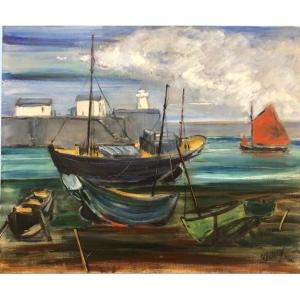 huile sur toile Robert Naly port de pêche "Bretagne?" Anées 50