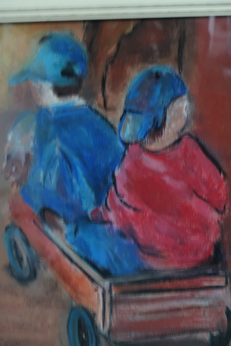Huile  sur papier  : deux enfants jouant-photo-3