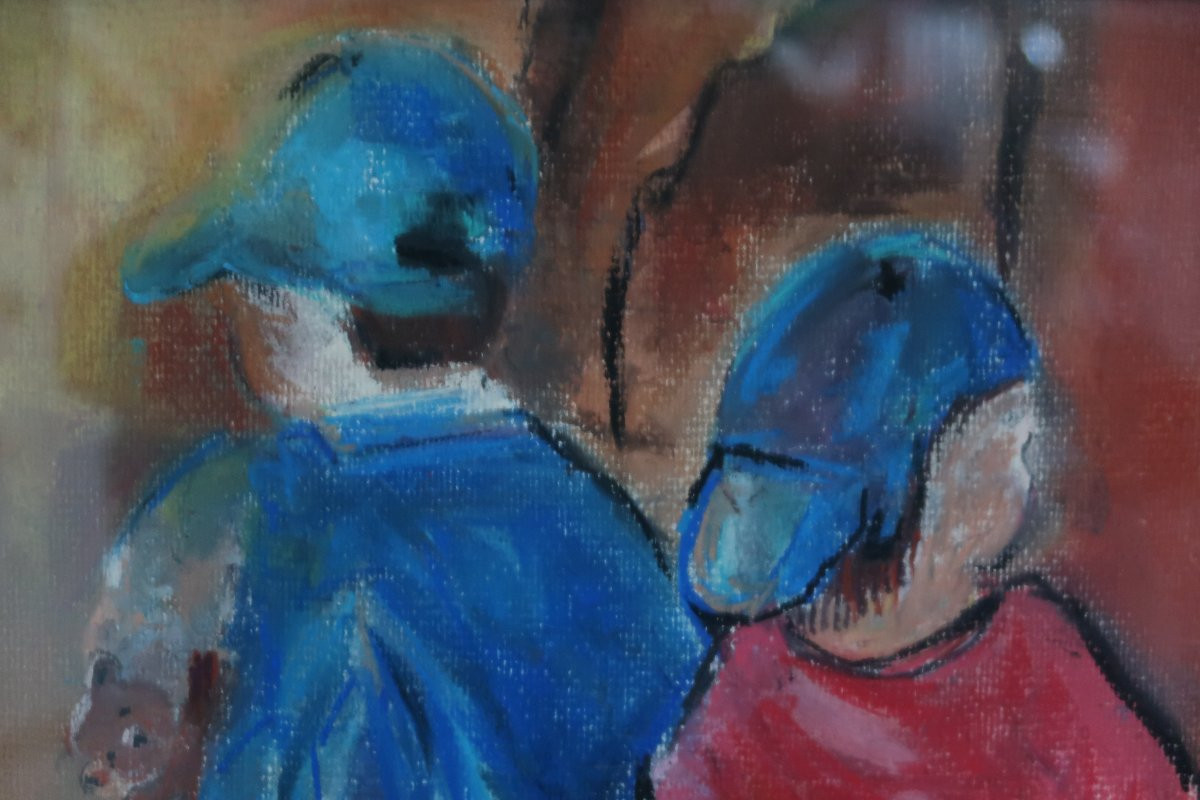 Huile  sur papier  : deux enfants jouant-photo-4