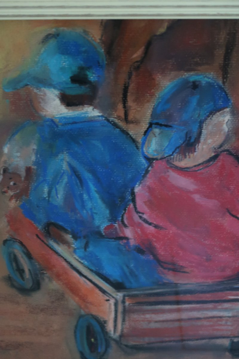 Huile sur papier : deux enfants dans une cariole-photo-2