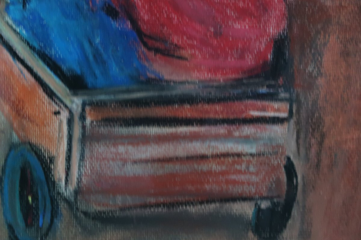 Huile sur papier : deux enfants dans une cariole-photo-4