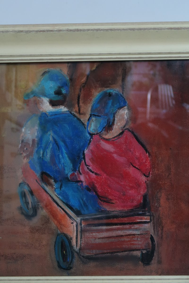 Huile sur papier : deux enfants dans une cariole-photo-1