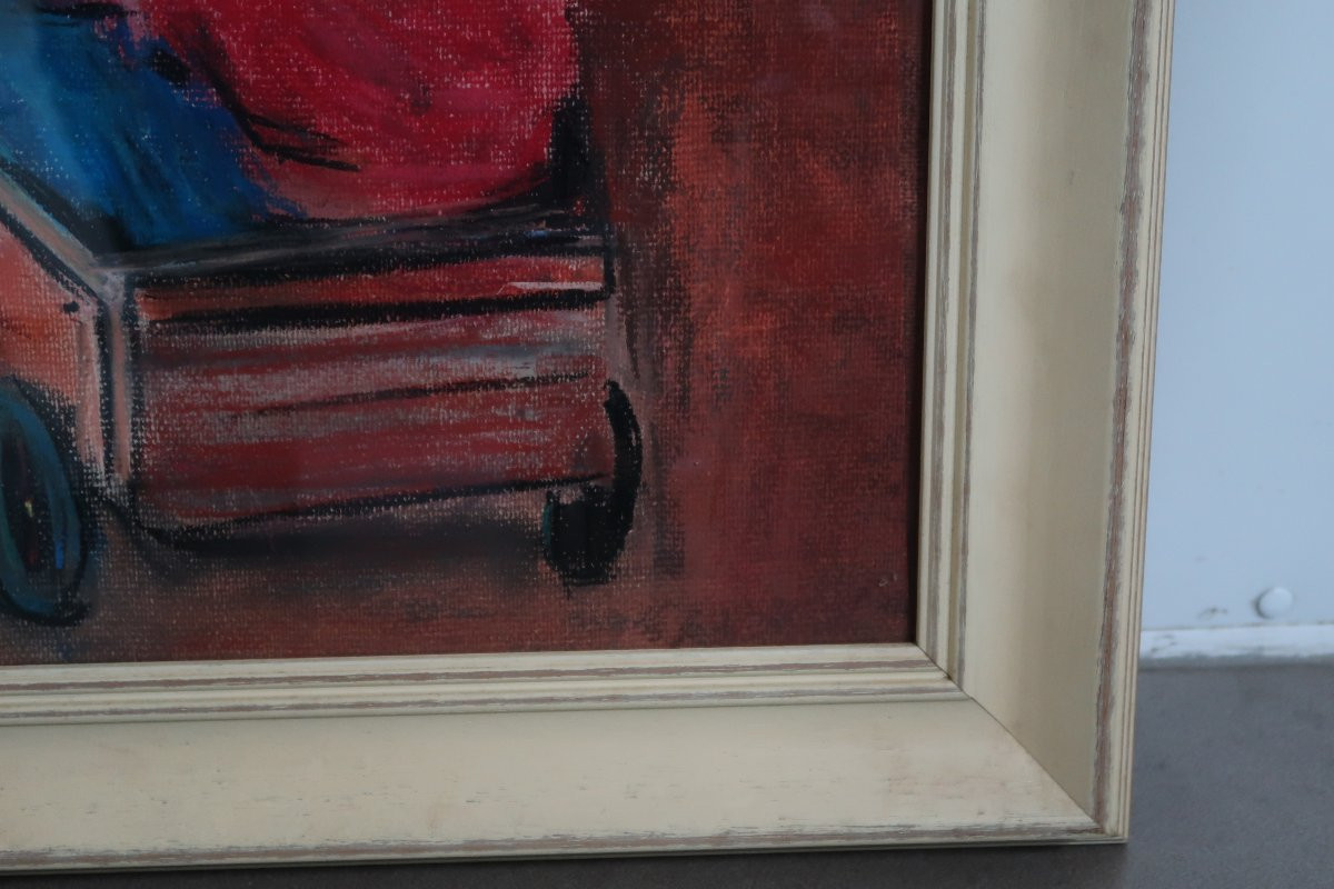 Huile sur papier : deux enfants dans une cariole-photo-2