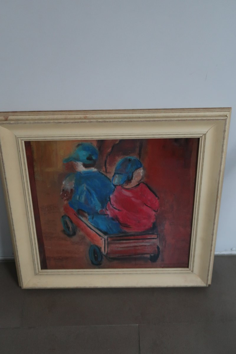 Huile sur papier : deux enfants dans une cariole-photo-3
