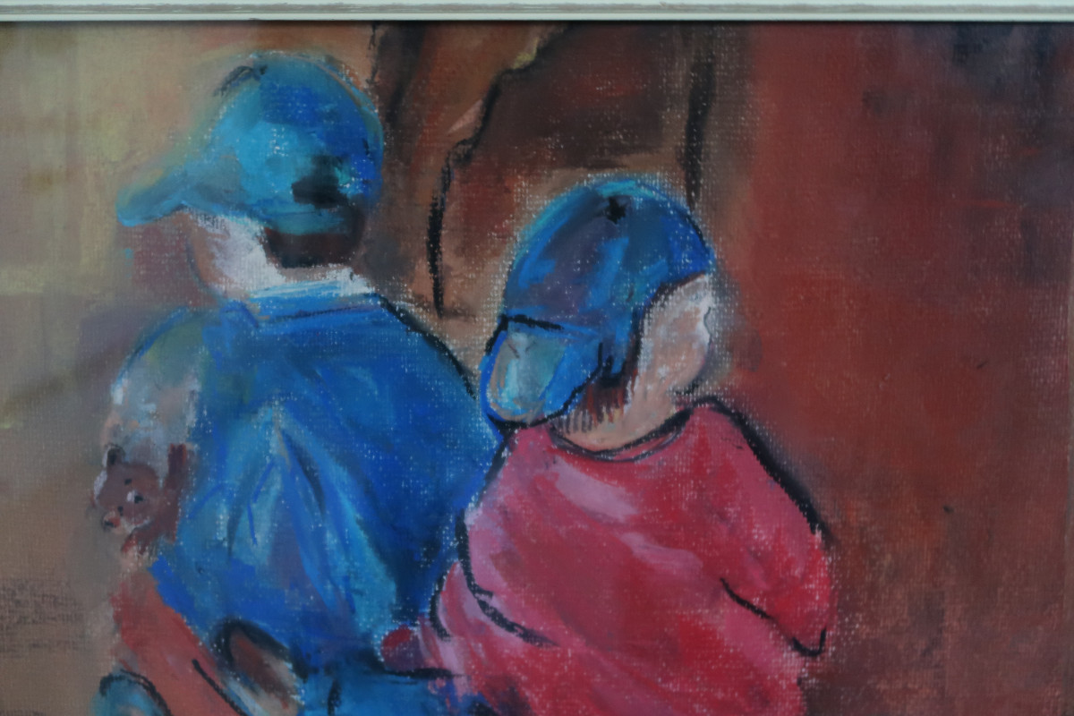 Huile sur papier : deux enfants dans une cariole