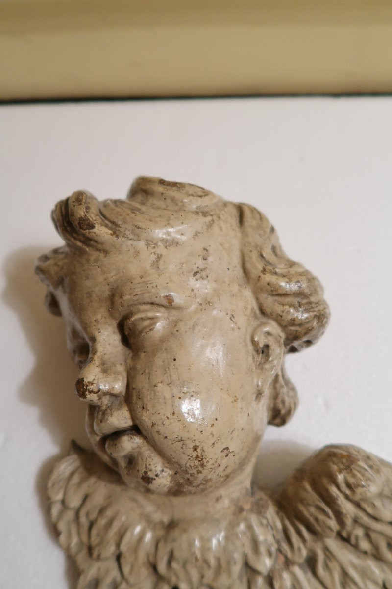 Painted Wooden Cherub Head, 18th Century-photo-4