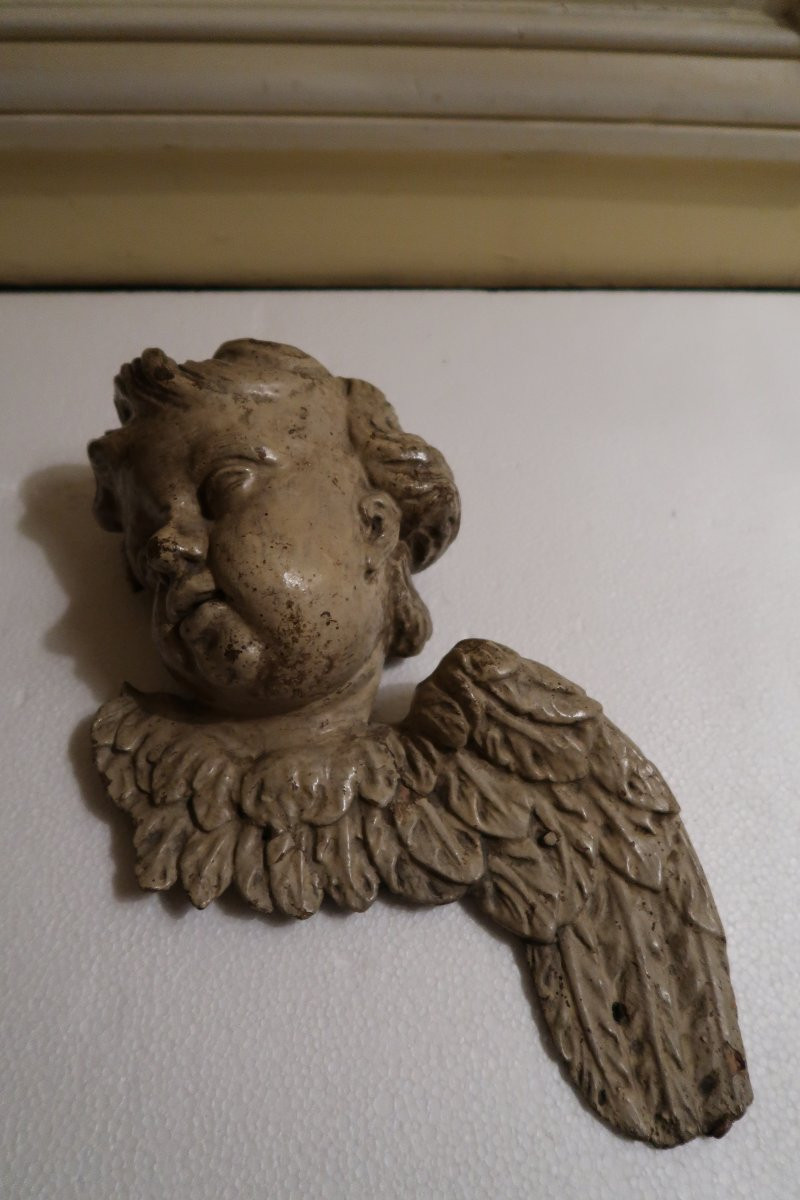 Painted Wooden Cherub Head, 18th Century-photo-1
