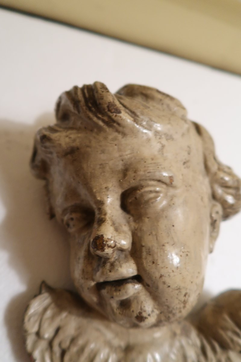 Painted Wooden Cherub Head, 18th Century-photo-2