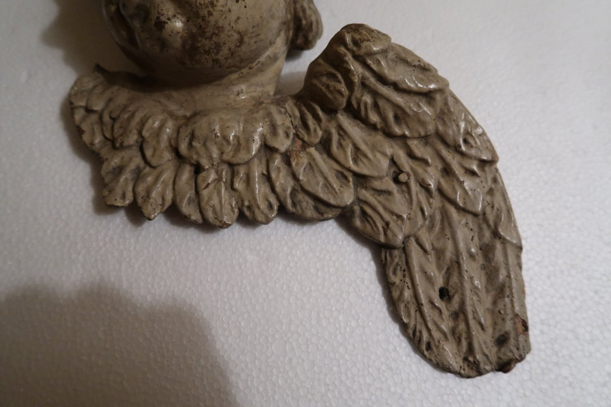 Painted Wooden Cherub Head, 18th Century-photo-3