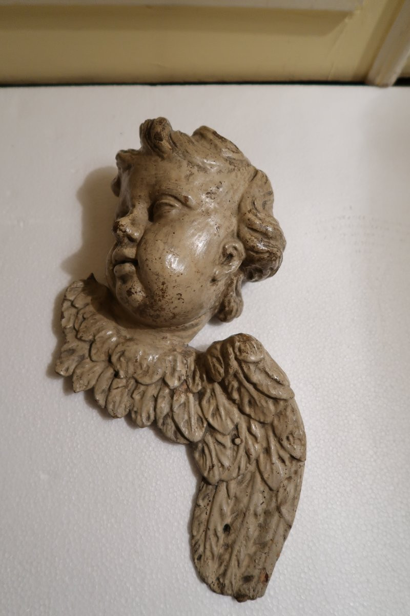 Painted Wooden Cherub Head, 18th Century-photo-5